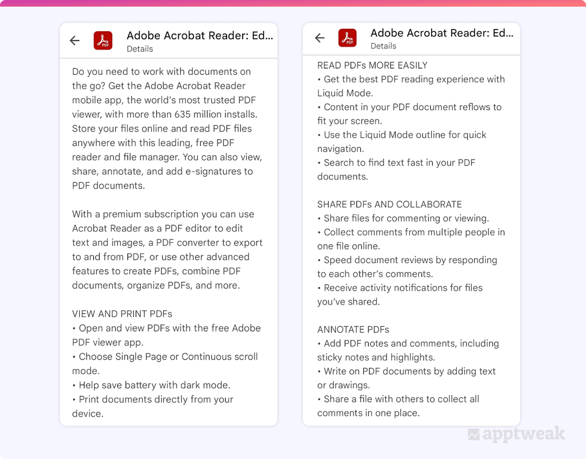 Acrobat Adobe incorporates a bullet point format into their app description on Google Play